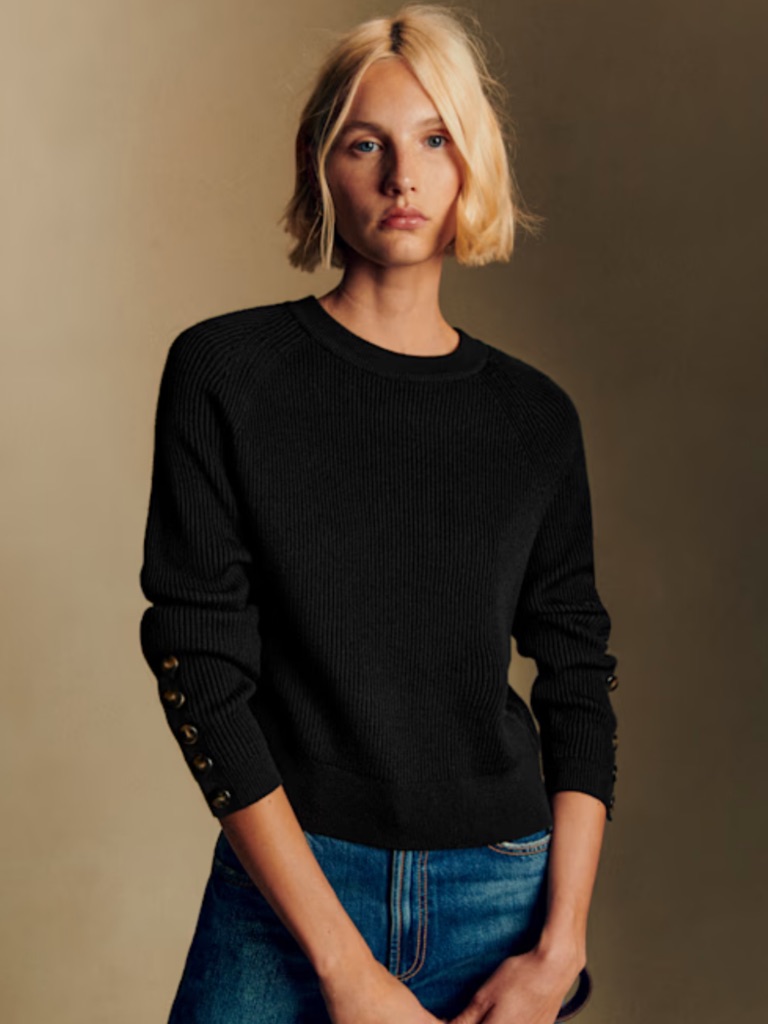 Sezane Sami Classic Black Button-Sleeve Knit Sweater. Size M
